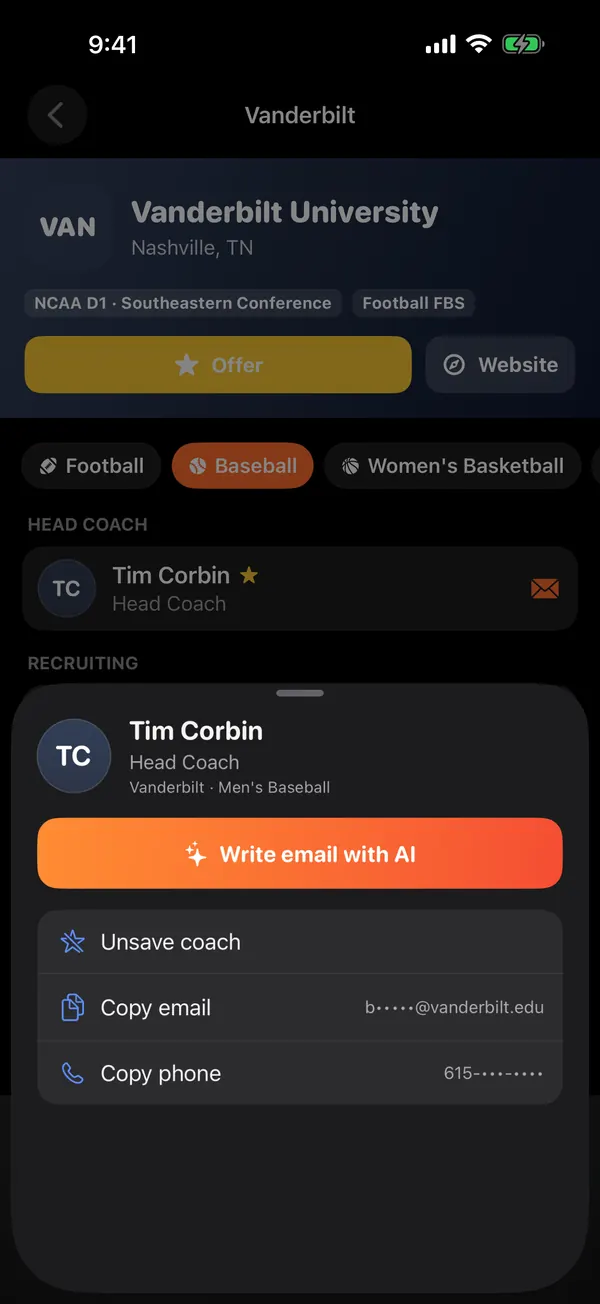 CoachReach coach card for Tim Corbin, Vanderbilt head coach, with Write email with AI, Copy email and Copy phone actions.