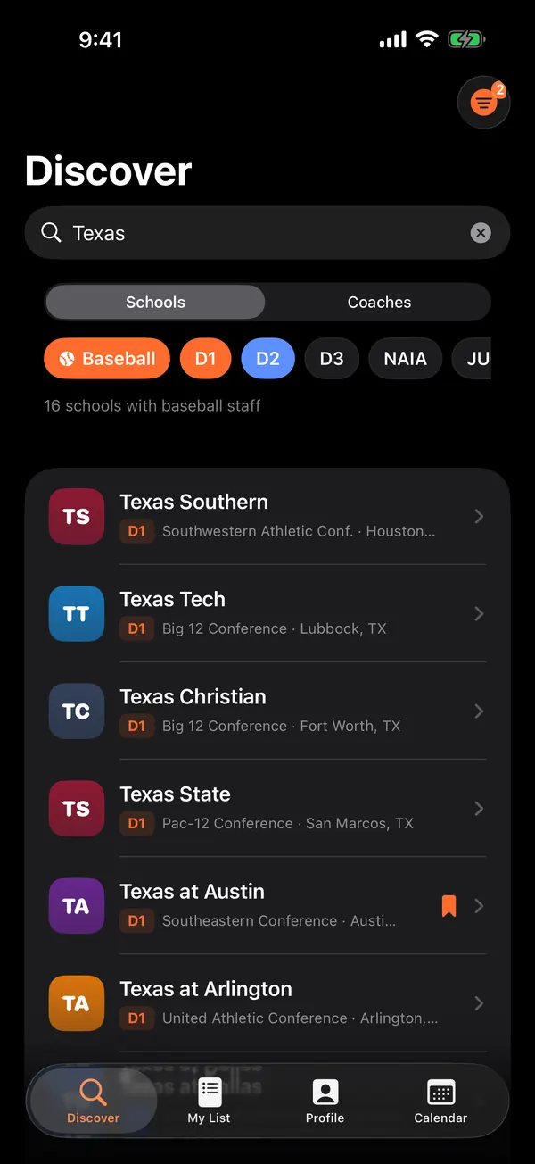 CoachReach Discover screen: a search for Texas filtered to Baseball, D1 and D2, listing Texas Southern, Texas Tech, Texas Christian, Texas State, Texas at Austin and Texas at Arlington with their conferences.