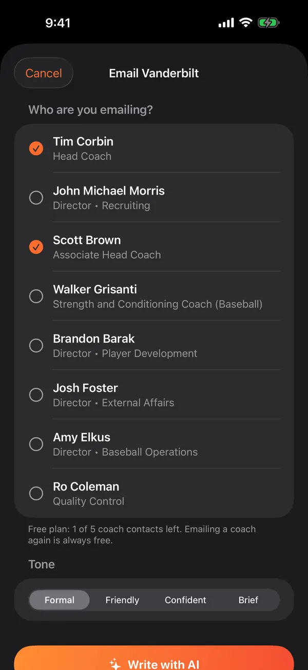 CoachReach email screen for Vanderbilt: head coach Tim Corbin and associate head coach Scott Brown selected from the staff list, with Formal, Friendly, Confident and Brief tone options.